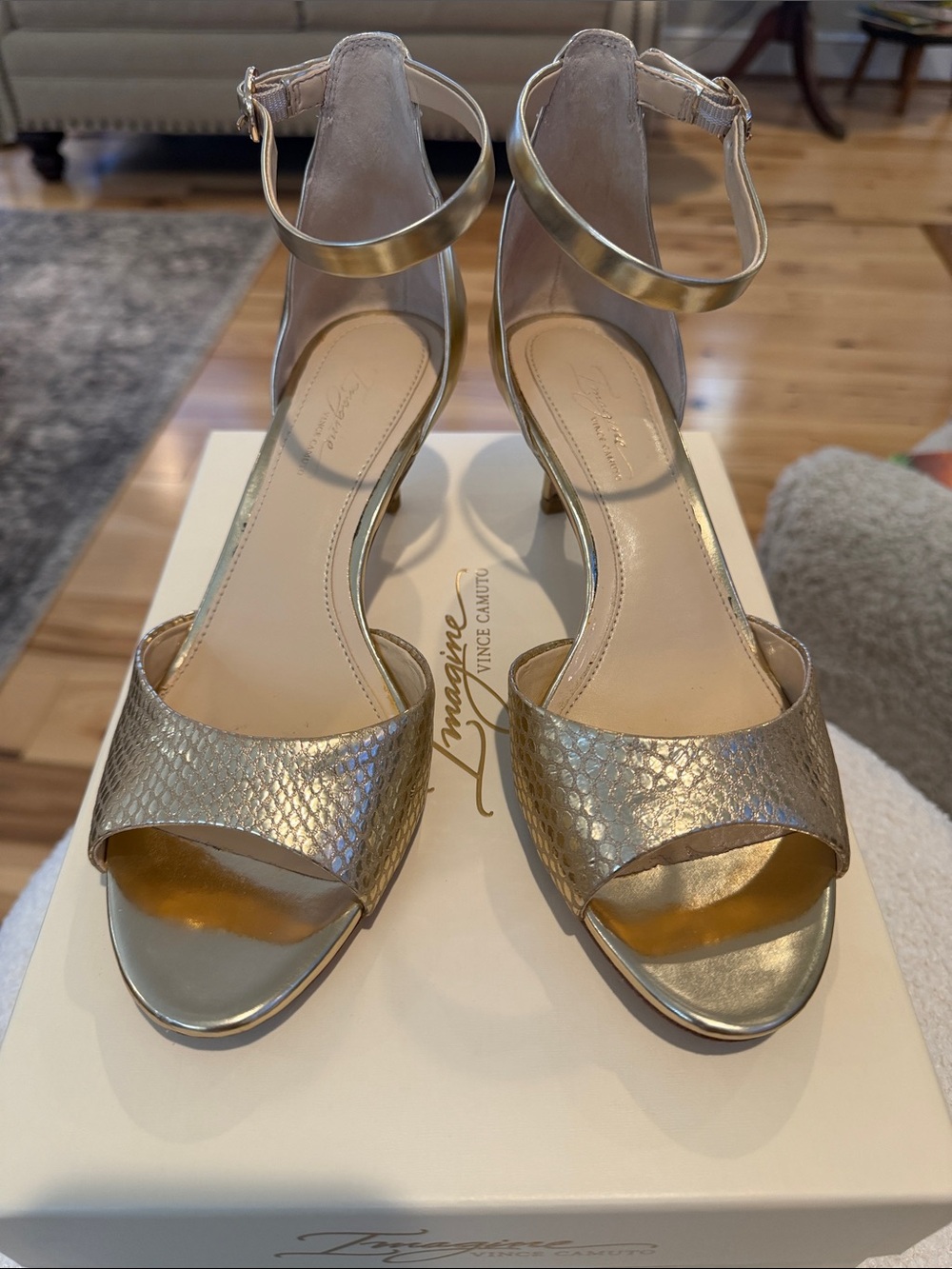 Vince Camuto ‘Imagine’ Gold Textured Ankle-Strap Heels